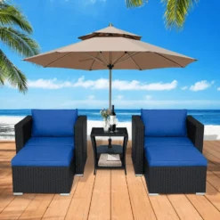 Crafttown Ergonomic 3-Piece Rattan Wicker Patio Set with Waterproof Blue Cushions, Powder-Coated Iron Frame & Glass Side Table – Perfect for Outdoor & Indoor Relaxation
