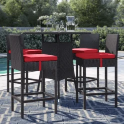 Dark Brown Rattan Outdoor Bar Set | Luxury Patio, Garden, Balcony & Poolside Seating with Beige Cushions
