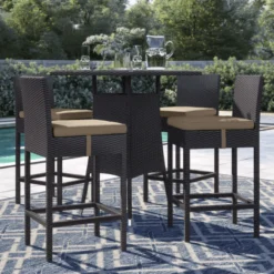Dark Brown Rattan Outdoor Bar Set | Luxury Patio, Garden, Balcony & Poolside Seating with Beige Cushions