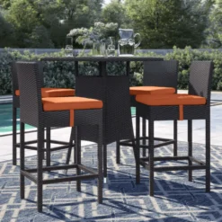 Dark Brown Rattan Outdoor Bar Set | Luxury Patio, Garden, Balcony & Poolside Seating with Orange Cushions