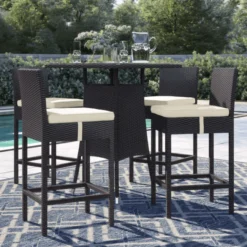 Dark Brown Rattan Outdoor Bar Set | Luxury Patio, Garden, Balcony & Poolside Seating with Off-White Cushions