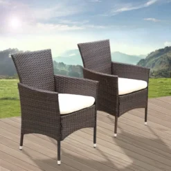 Rattan Daybed Patio Loveseat Sofa Set (Dark Brown & White)