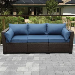 Crafttown Premium 3-Seater Wicker Patio Sofa – Durable, Comfortable, All-Weather Outdoor Seating with Navy Blue Cushions