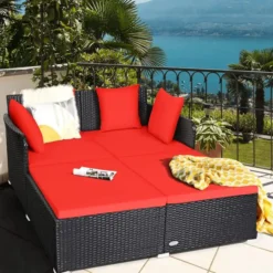 Rattan Daybed Patio Loveseat Sofa Set (Black & Red)