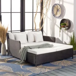 Rattan Daybed Patio Loveseat Sofa Set (Dark Brown & White)