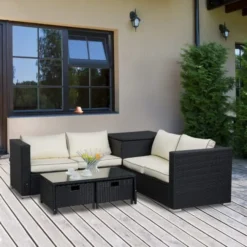 Crafttown 4-Piece Rattan Wicker Conversation Set with Cushions – Comfortable Outdoor & Indoor Seating with Side and Center Tables
