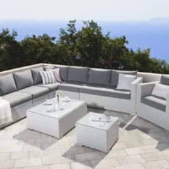 White Rattan Sectional Sofa Set | Luxury Outdoor Garden, Patio, Poolside & Terrace Seating with Grey Cushions