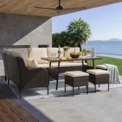 5-Piece Indoor Outdoor Wicker Patio Dining Table Furniture Set with Seat Cushion for Lawn Backyard Terrace(Dark Brown and Cream)