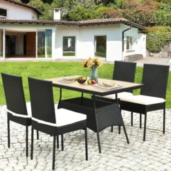 Black Rattan Dining Set | Luxury Patio, Garden & Courtyard Dining with White Cushions and Wood Tabletop