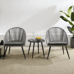 CRAFTTOWN 3-Piece Patio Bistro Set | Handwoven Grey Rope & Powder-Coated Iron Frame | Weather-Resistant Outdoor Seating with Glass-Top Table & Cushions