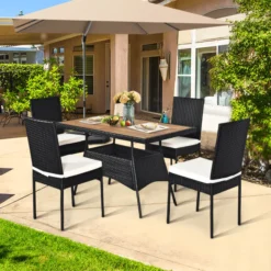 Black Rattan Dining Set | Luxury Patio, Garden, & Backyard Dining with White Cushions and Wooden Tabletop