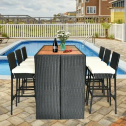 Black Rattan 7-Piece Outdoor Dining Set | Luxury Patio, Balcony & Poolside Dining with White Cushions