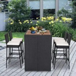 Black Rattan & Wood 5-Piece Outdoor Dining Set | Luxury Patio, Garden, Backyard & Poolside Seating with White Cushions and High-Back Chairs