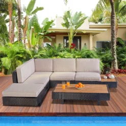 Premium Designer Black Rattan 3-Piece Outdoor Sofa Set | Luxury Garden, Poolside & Patio Seating with Cream Cushions and Wooden Top Table