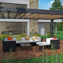 Black Wicker Sectional Sofa Set with Seating | Luxury Patio, Garden, Backyard & Poolside Seating with White Cushions & Multifunctional Ottoman