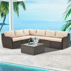Dark Brown Rattan Wicker Sectional Sofa Set | Luxury Garden, Porch, Patio & Backyard Seating with Cream Cushions