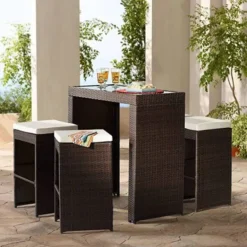 Dark Brown Wicker 5-Piece Patio Bar Set | Luxury Garden, Balcony, Patio & Poolside Dining with Ergonomic Stools and Customizable Cushions