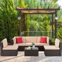 Premium Designer Dark Brown Rattan 4-Piece Outdoor Sectional Sofa Set | Luxury Garden, Patio & Poolside Seating with Cream Cushions and Coffee Table