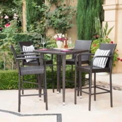 Dark Brown Wicker Counter Height Dining Set | Luxury Patio, Balcony & Poolside Dining with Ergonomic Bar Chairs and Customizable Cushions