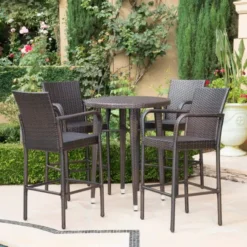 Dark Brown Wicker Counter Height Dining Set | Luxury Garden, Patio, Balcony & Poolside Dining with Ergonomic Bar Chairs and Customizable Cushions