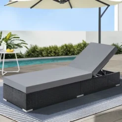 Black Rattan Chaise Lounge | Luxury Patio, Poolside & Garden Seating with Grey Cushion