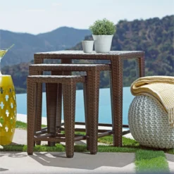 Crafttown Dark Brown Wicker Coffee Table Set – 3-Piece Outdoor & Indoor Tables, Space-Saving, Durable, and Easy to Maintain