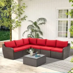 Dark Brown Rattan Wicker Sectional Sofa Set | Luxury Garden, Patio, Poolside & Backyard Seating with Red Cushions