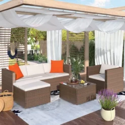 Premium Designer Dark Brown Rattan 4-Piece Outdoor Sectional Sofa Set | Luxury Garden, Patio & Poolside Seating with Cream Cushions and Table