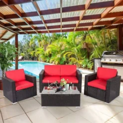 Crafttown 4-Piece Rattan Wicker Sofa Set with Glass Table – Customizable Outdoor Furniture for Stylish Patios & Gardens
