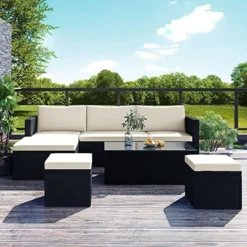Black Rattan Wicker 5-Piece Sofa Set | Luxury Garden, Patio, Poolside & Porch Seating with Off-White Cushions