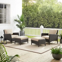 Crafttown 5-Piece Rattan Wicker Outdoor Sofa Set with Cream Cushions, Powder-Coated Iron Frame, Ottomans, and Customizable Design for Indoor/Outdoor Use