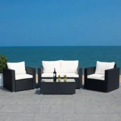Premium Designer Black Wicker Outdoor Patio Set | Luxury Garden, Balcony, Terrace & Poolside Seating with White Cushions