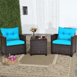 Crafttown 3-Piece Rattan Sofa Set with Cushions & Glass Coffee Table | Durable Powder-Coated Iron Frame | Waterproof Cushions | Ideal for Patios, Gardens & Poolside