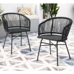 CRAFTTOWN 2-Piece Outdoor Bistro Chair Set | Handwoven Black Rope with Powder-Coated Iron Frame | Stylish & Weather-Resistant Patio Seating
