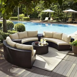 Dark Brown Wicker Outdoor Half-Moon Sectional Sofa Set | Luxury Patio, Garden & Poolside Seating with Cream Cushions