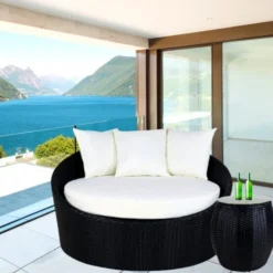 Outdoor Cushion (White) and Wicker (Black) Daybed Set