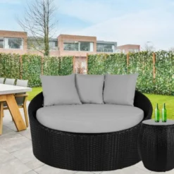 Outdoor Cushion(Grey) and Wicker(Black) Daybed Set