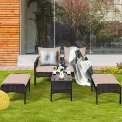 Crafttown 5-Piece Dark Brown Rattan Wicker Patio Conversation Set with Ergonomic Chairs, Cream Cushions, Powder-Coated Iron Frame, Glass Table & Ottomans for Outdoor or Indoor Use