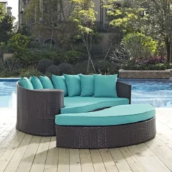 Dark Brown Wicker Outdoor Patio Daybed | Luxury Garden, Poolside & Balcony Lounger with Turquoise Cushions