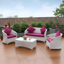 Crafttown 4-Piece Patio Furniture Set – Stylish White & Purple Design with Cushions for Indoor & Outdoor Use