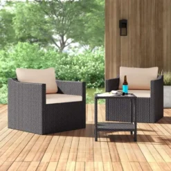 3-Piece Ergonomic Rattan Patio Set with Cushions & Side Table – Durable Iron Frame