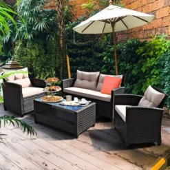 Premium Designer Dark Brown Rattan Outdoor Sofa Set | Luxury Garden, Balcony, Terrace & Poolside Seating with Cream Cushions